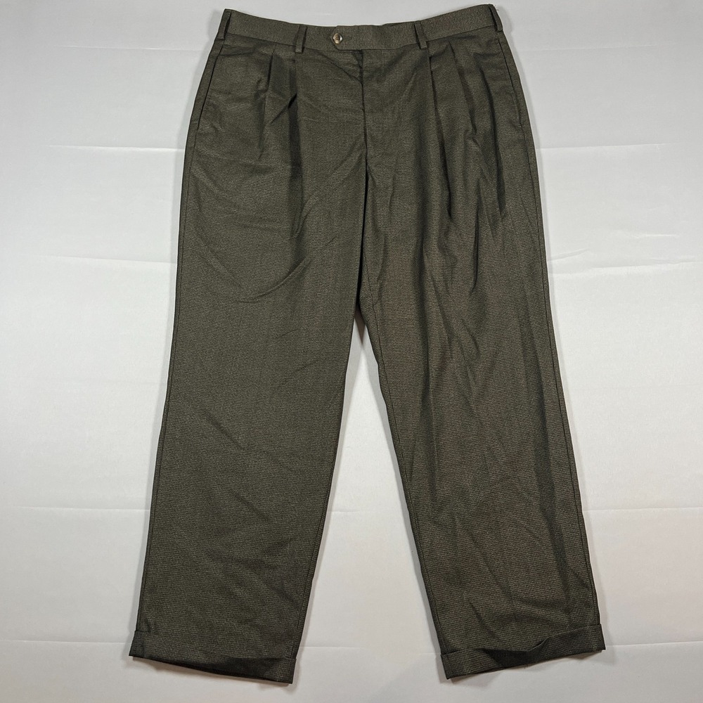 Roundtree & Yorke Dress Pants Mens 38x30 Brown Micro Herringbone Pleated Formal